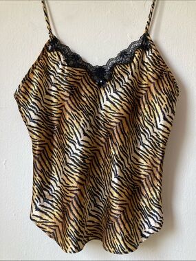 Vintage 90s Y2K Satin Lace Tank Top Tiger Print S